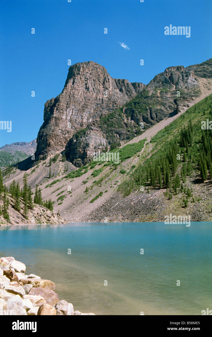 Lake Moraine Rocky Mountains Alberta Canada North America Stock Photo