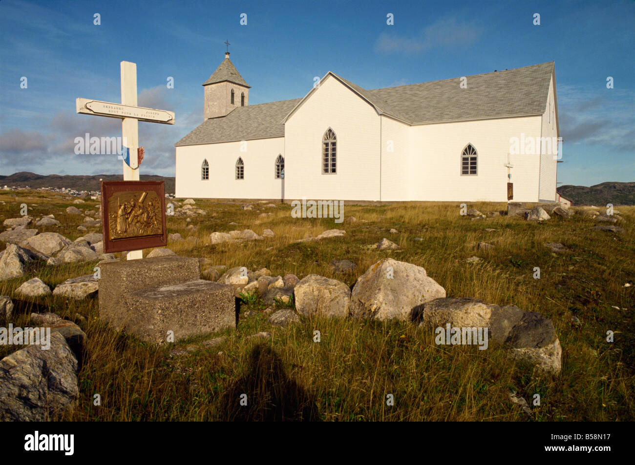 Station of the Cross and church at St. Pierre et Miquelon on the Isle aux Marins, an island near Newfoundland, Canada Stock Photo