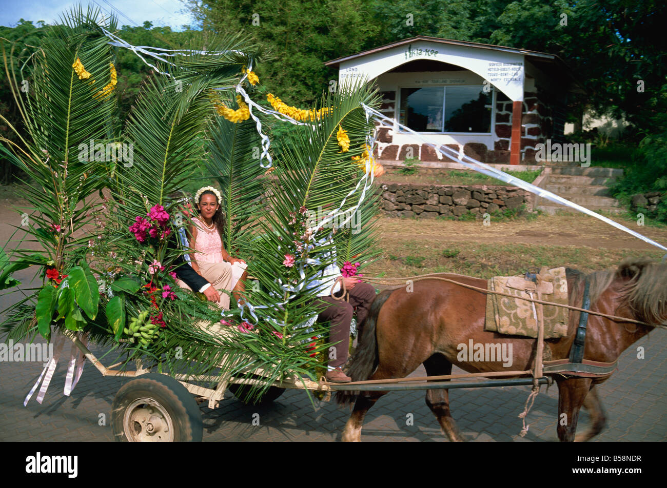 Bride and groom in wedding procession Hanga Roa Easter Island Chile South America Stock Photo
