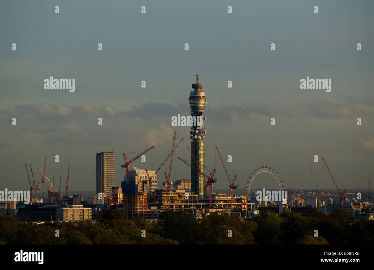 View of BT tower and central London from Primrose Hill Construction cranes showing a great deal of building Stock Photo
