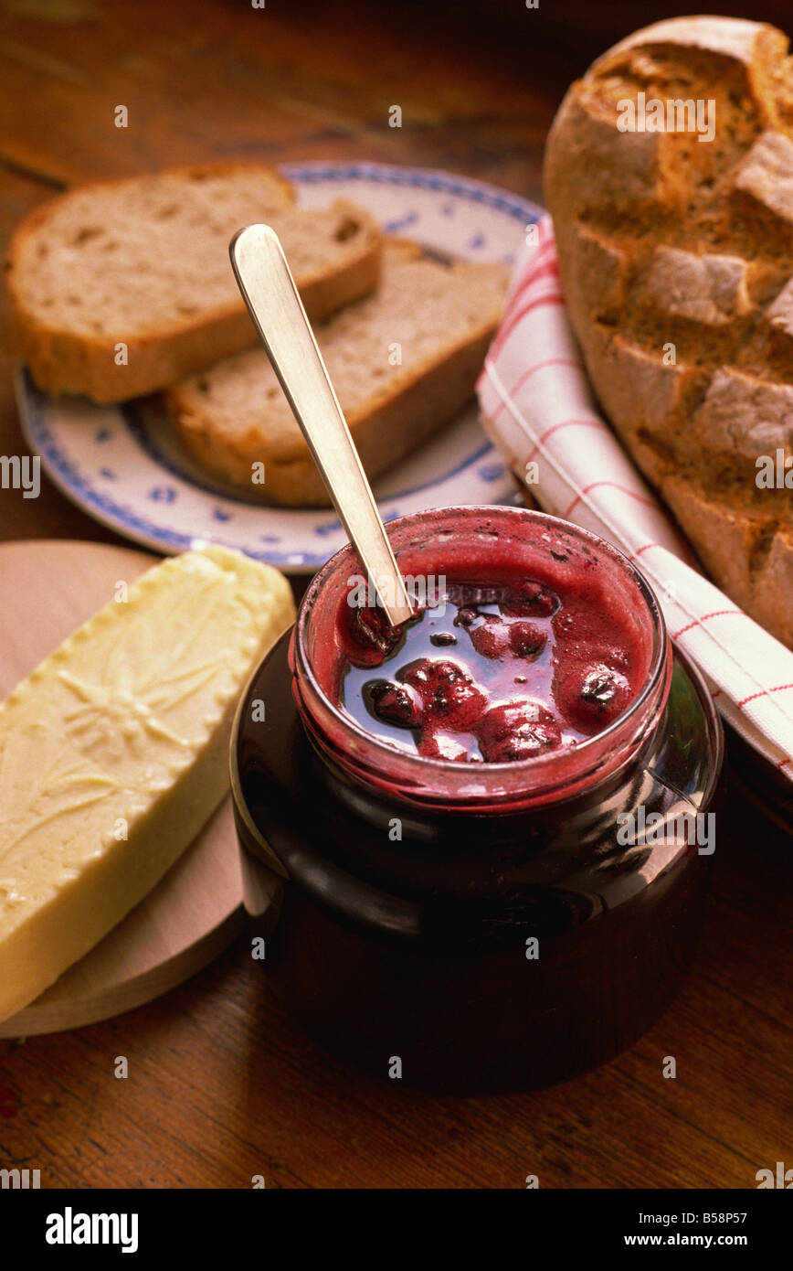 Black cherry jam and kirsch, Switzerland, Europe Stock Photo