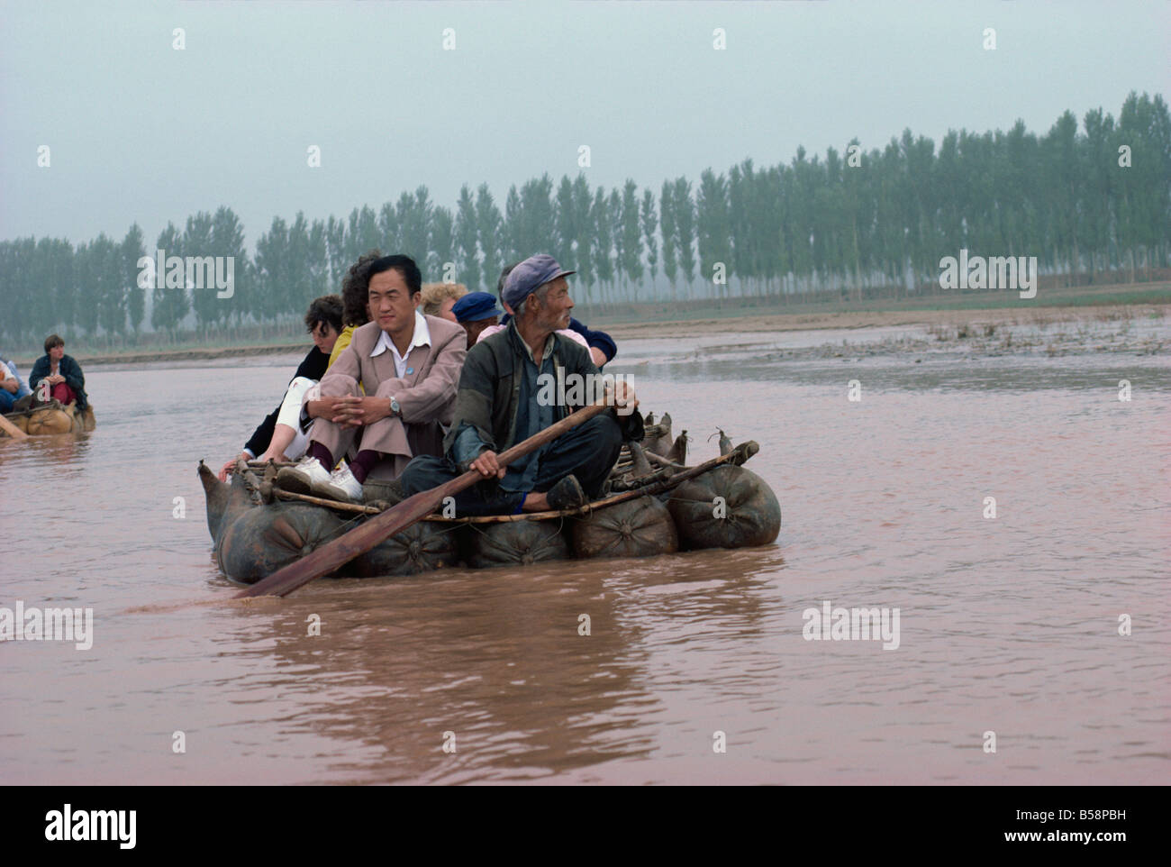 Pigskin rafts floating down the Yellow River Ningxia Province China ...