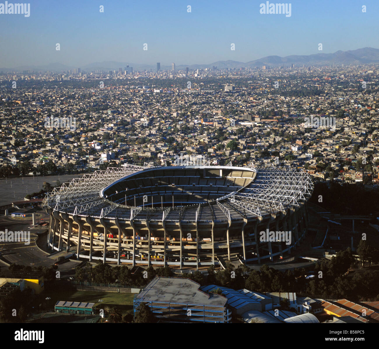 aerial view above Aztec Stadium Stadio Azteca Iztapala designed by Pedro Ramirez Velazquez and Rafael Mijares Stock Photo