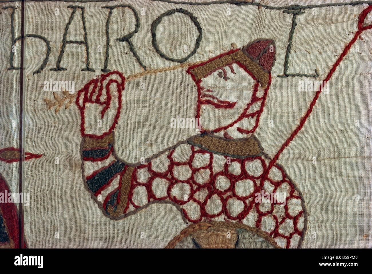 Death of King Harold showing an arrow in his eye Bayeux Tapestry Bayeux Normandy France Europe Stock Photo