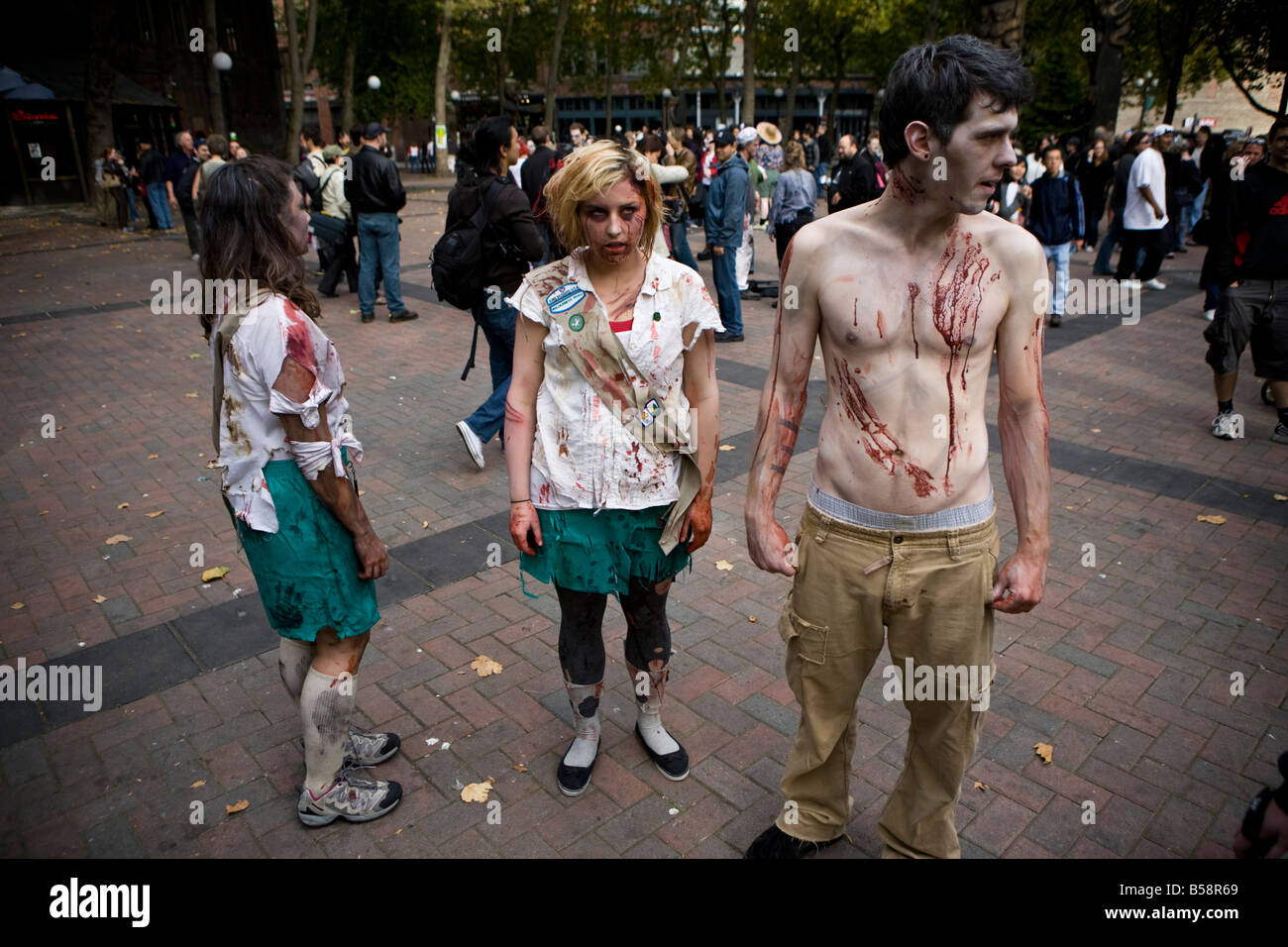 On 25th anniversary of Jackson's Thriller video, Seattle Zombies gather in Occidental Park to host a Thriller dance event. Stock Photo