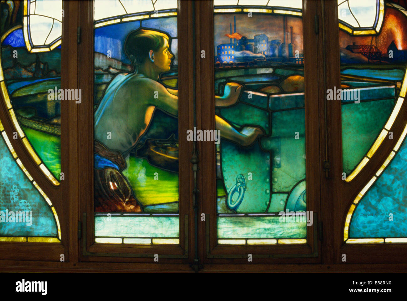 Detail of Art Nouveau stained glass, Chambres de Commerce, Nancy, Lorraine, France, Europe Stock Photo