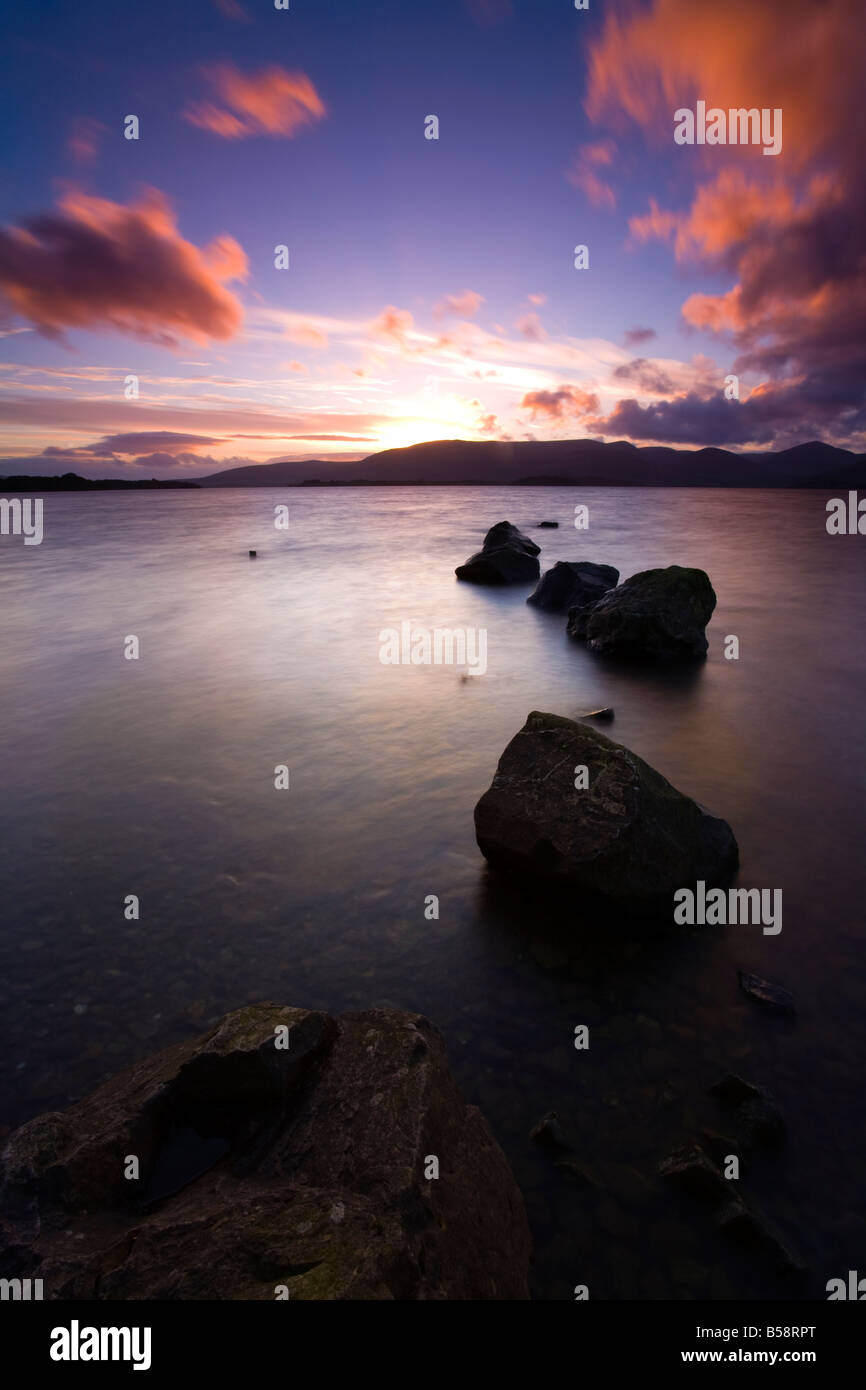 Scotland Stirling Loch Lomond and the Trossachs National Park Sunset over Loch Lomond viewed from the bay of Milarrochy Stock Photo