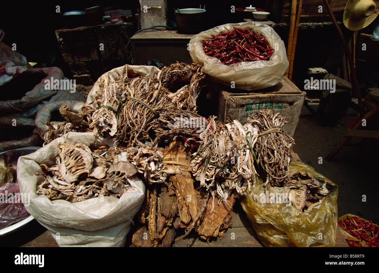 Dried products on sale at the market at Longsheng, Guangxi, China Stock Photo