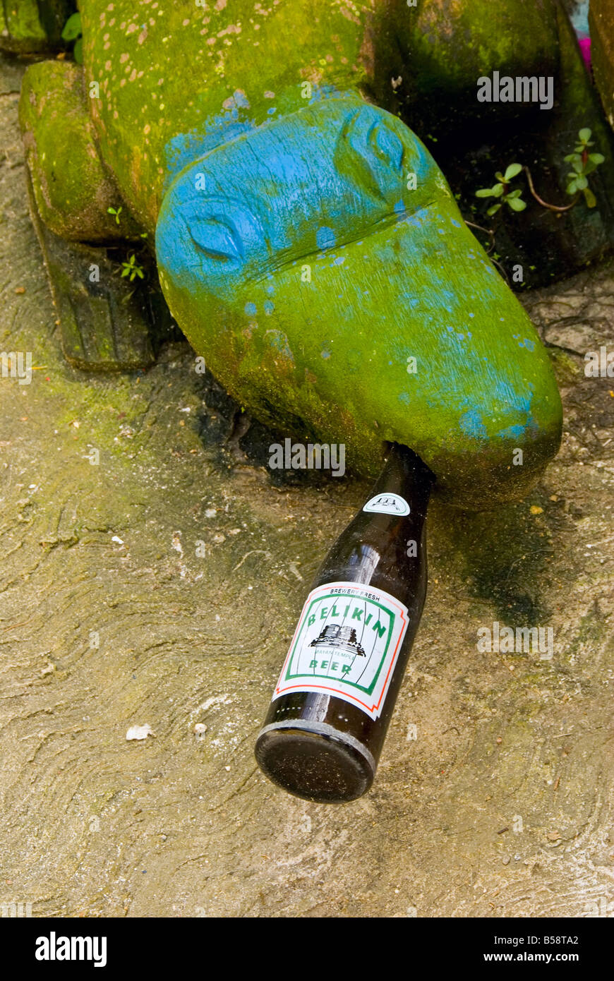 Belize City green stone alligator blue eyes bottle local Belikin beer in mouth humor humour odd funny Stock Photo