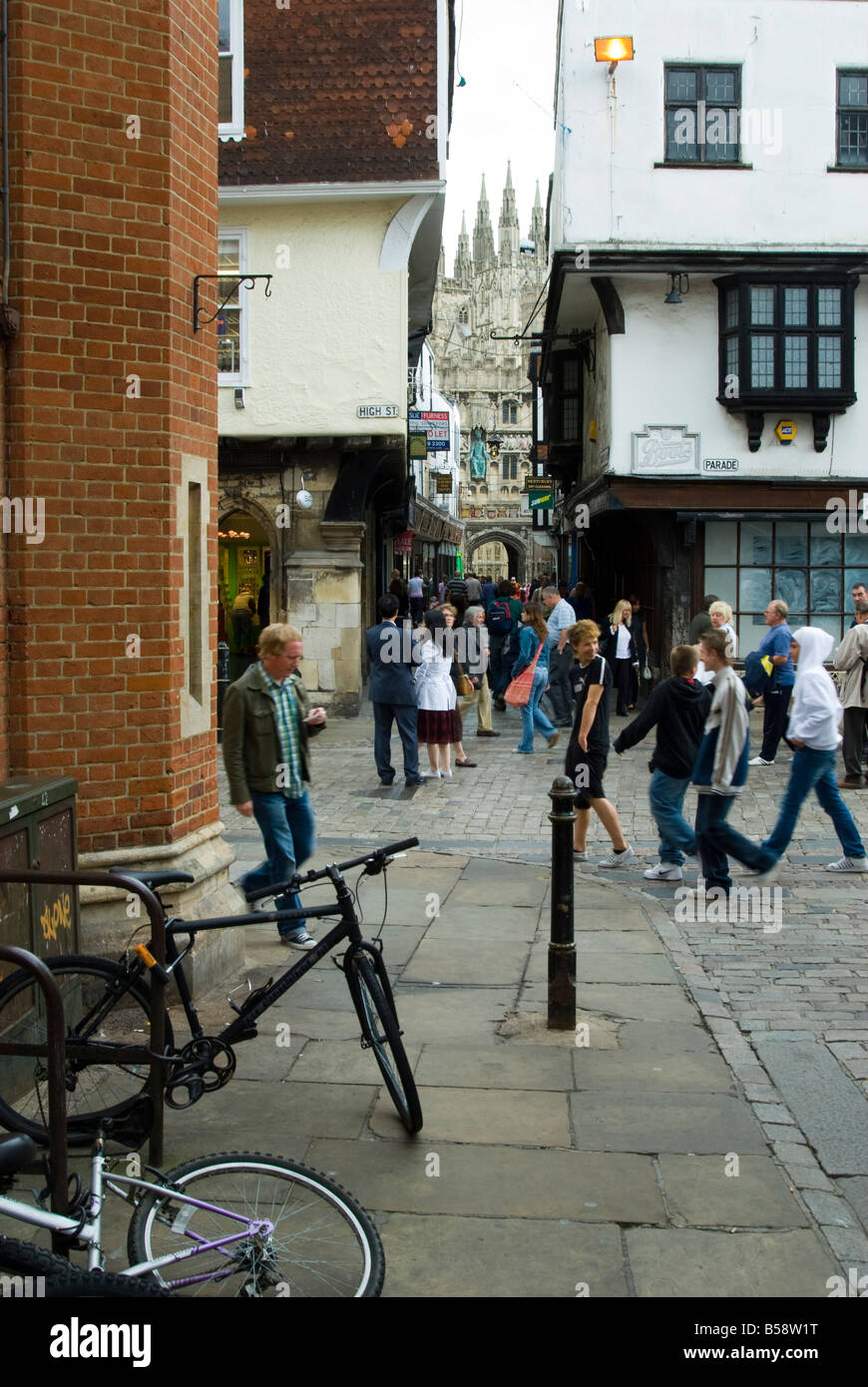 Street scene in Canterbury, Kent, England with cathedral in background Stock Photo