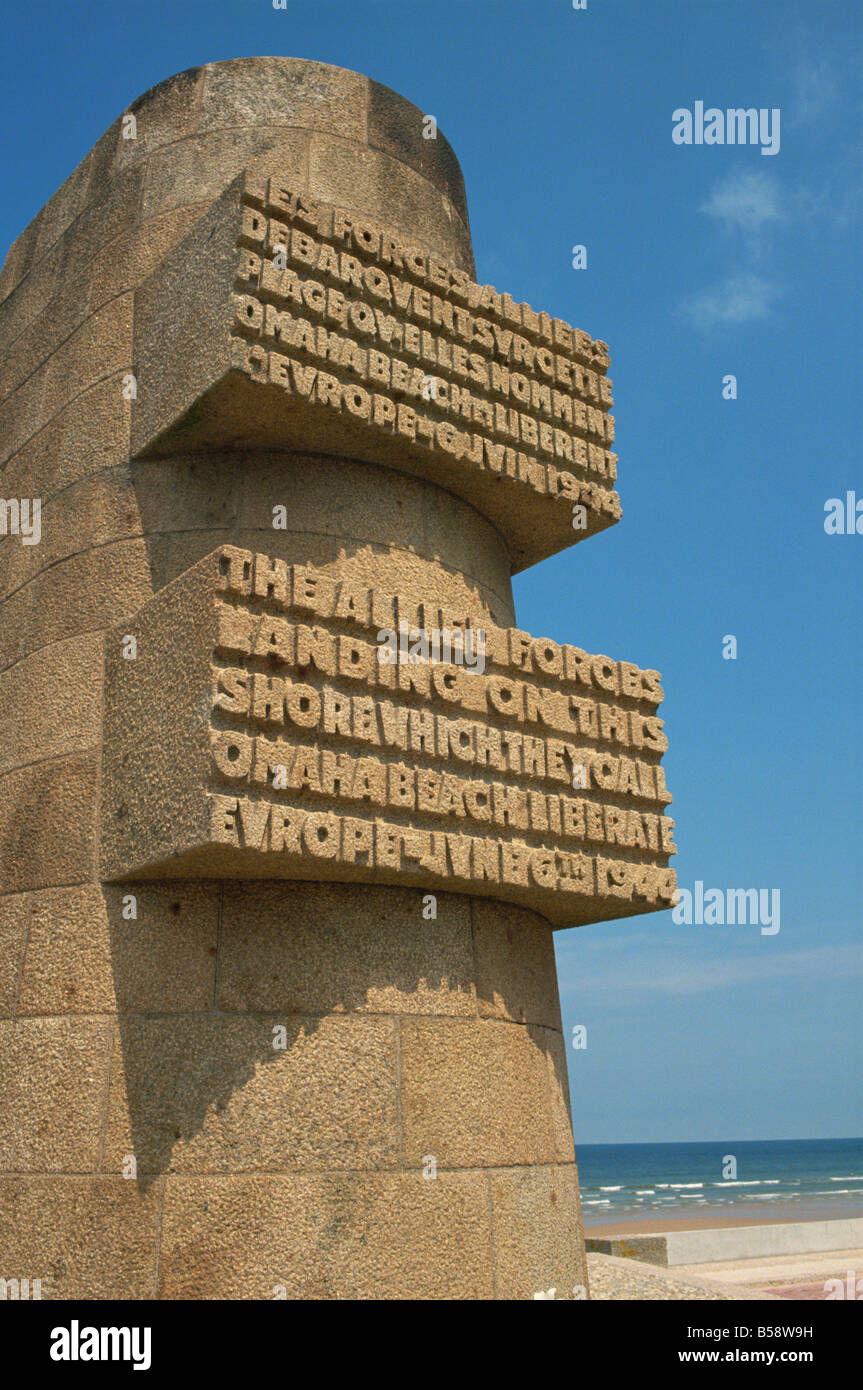 Commemorative obelisk marking the landing on 6th June 1944 Omaha Landing Beach Normandy France Europe Stock Photo
