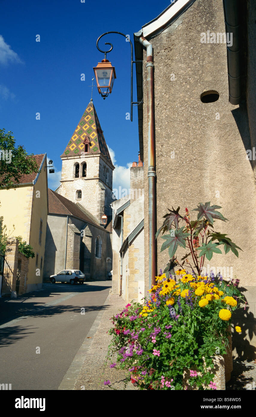 Village of Couchey with distinctive tiled steeple Bourgogne France Europe Stock Photo