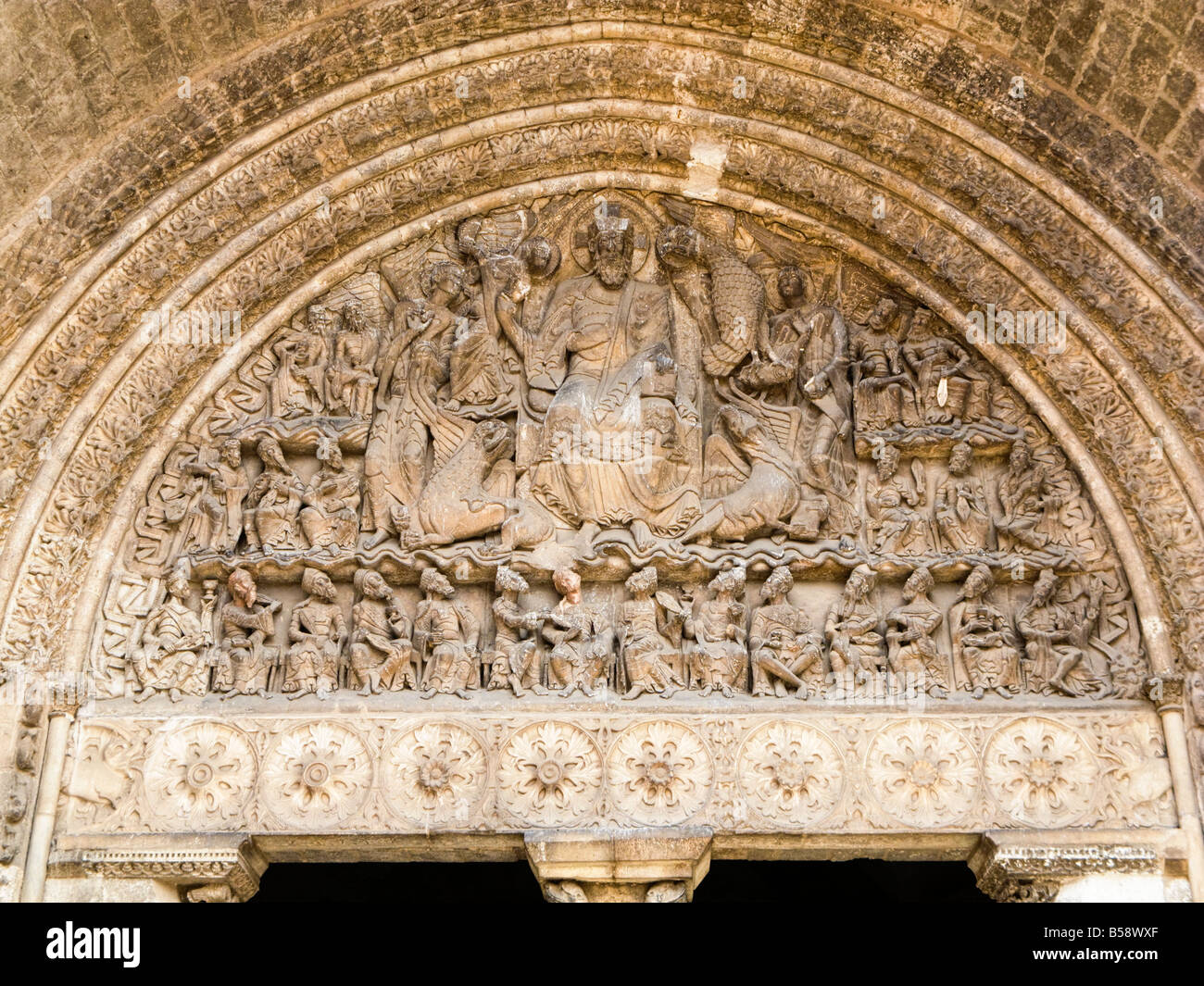 Relief sculptures on the entrance to the Abbaye Saint Pierre de Moissac, in Moissac, Tarn et Garonne, France, Europe Stock Photo