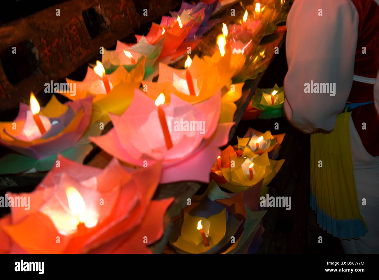 Selling floating prayer candles, night, Lijiang old town , Yunnan