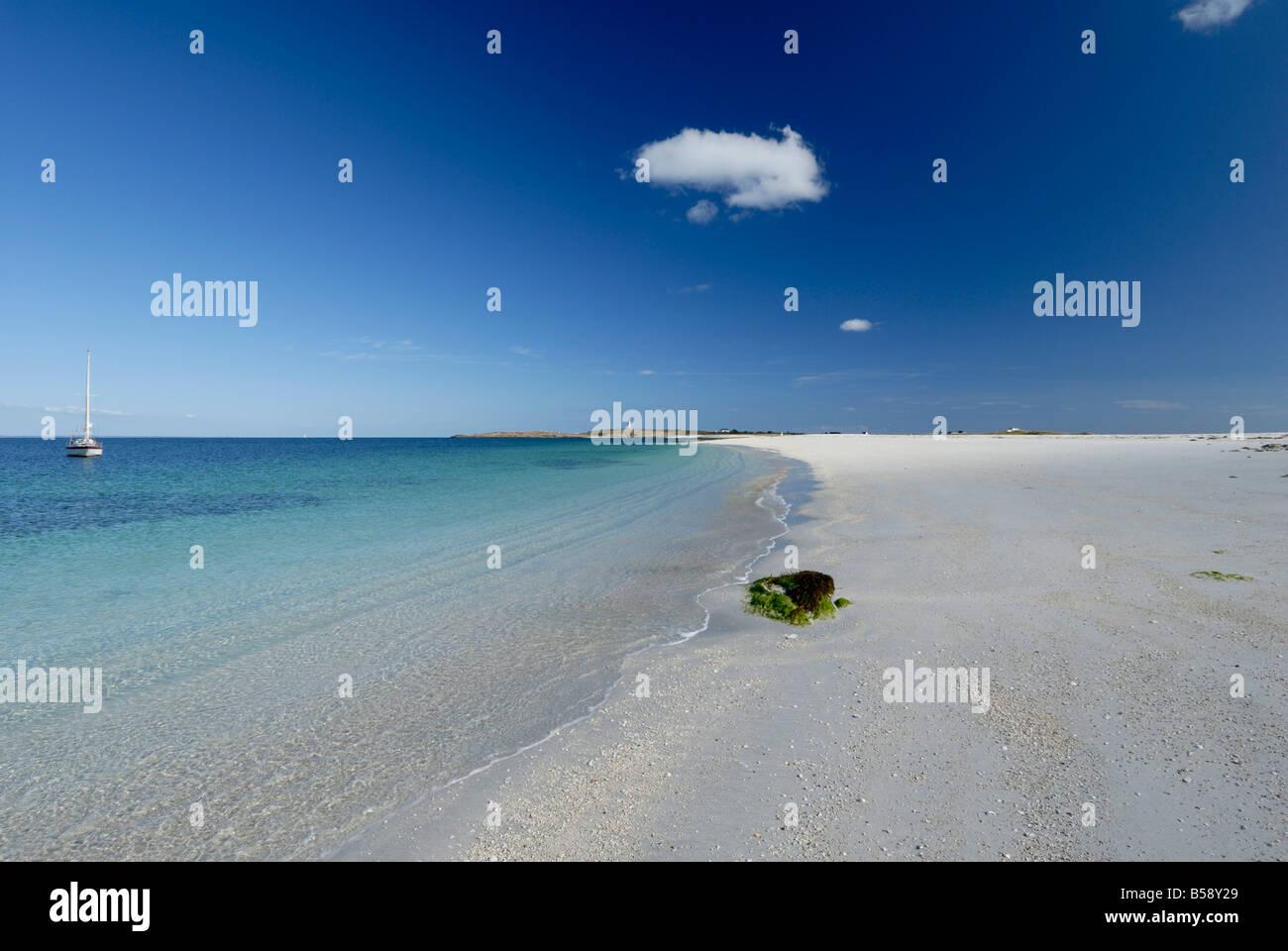 Beach and lighthouse, Islands of Glenan, Brittany, France, Europe Stock Photo