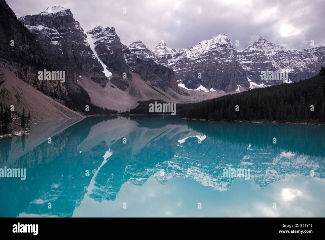 Storm clouds over Moraine Lake in Banff National Park, Canadian Rockies Stock Photo