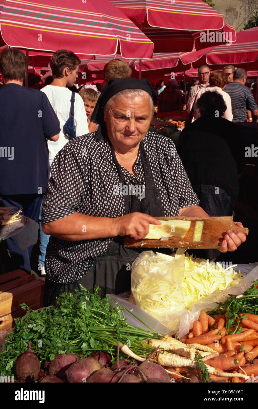 Lady grating cabbage Dolac market Zagreb Croatia Europe Stock Photo