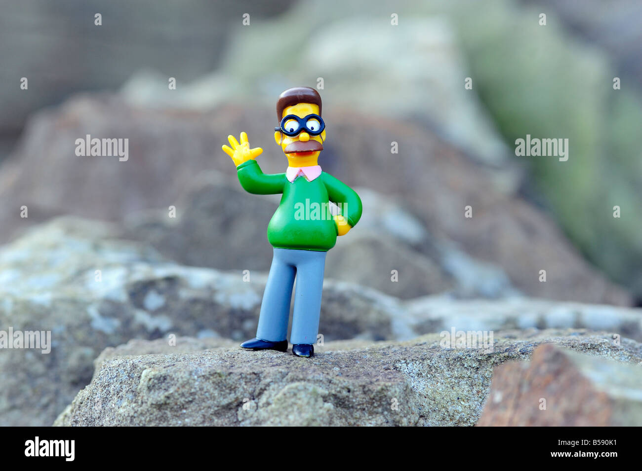 ned flanders simpsons homer's neighbour christian american character wave spectacles glasses man male usa toy model dweeb geek Stock Photo