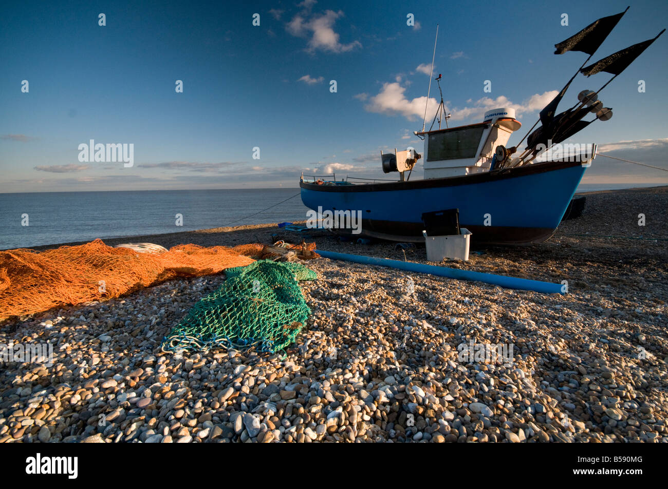 Fishing Boat On Aldeburgh Beach, Suffolk  UK Stock Photo