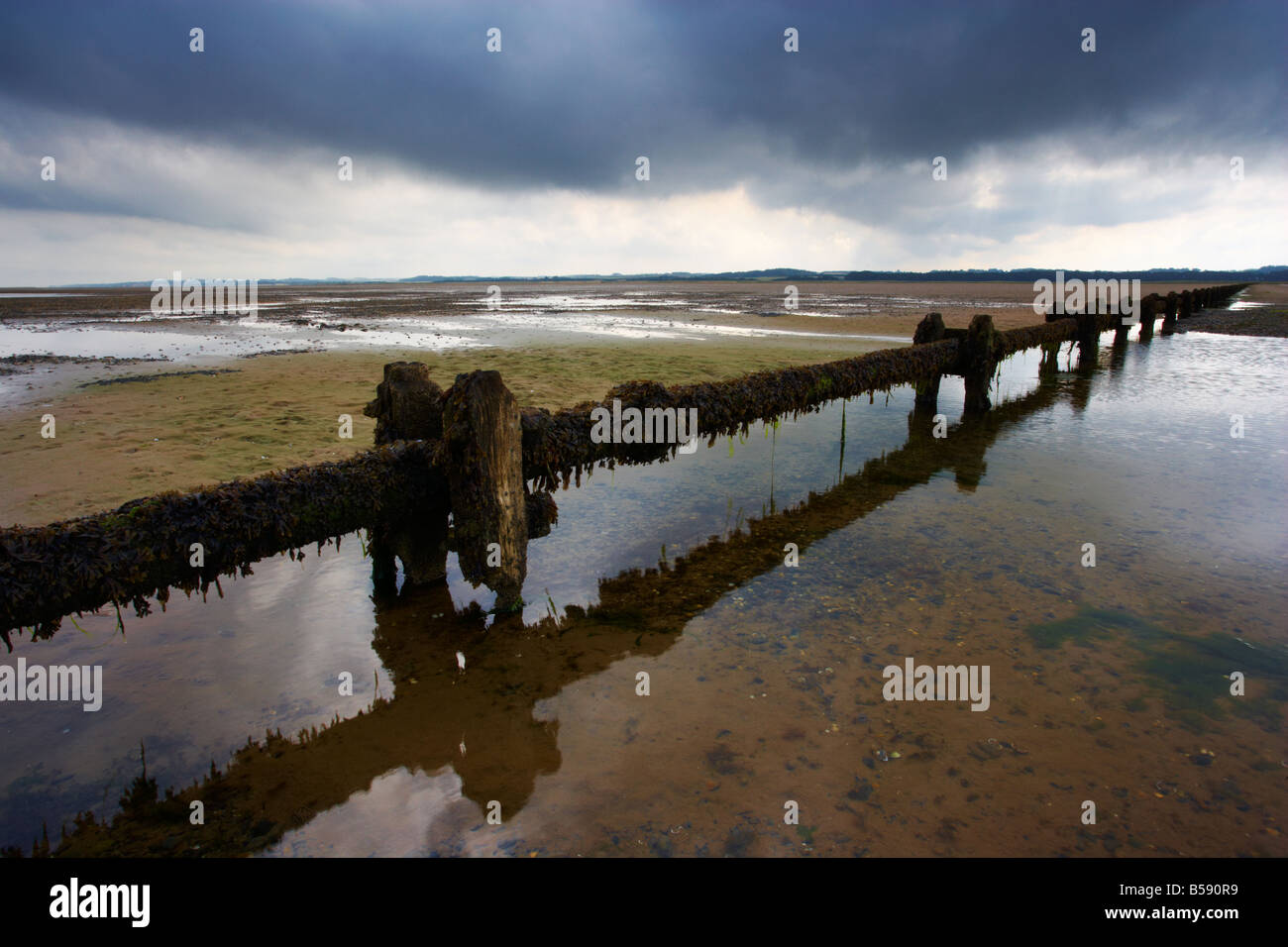 A view from the mudflats and saltmarshes at Stiffkey on a moody day on the North Norfolk Coast Stock Photo