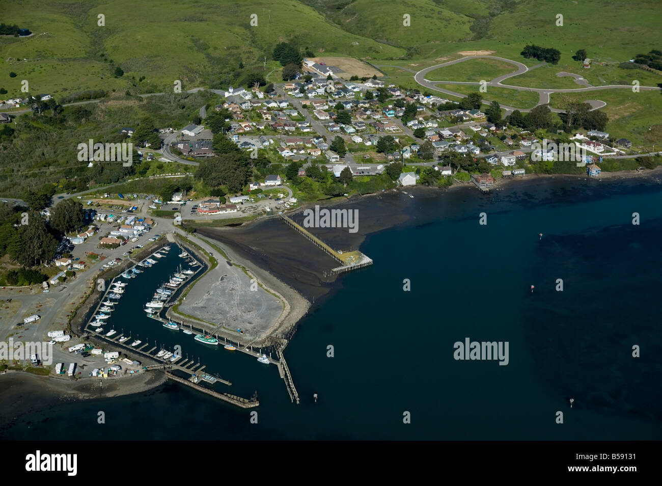 aerial view above Sonoma county town of Bodega Bay site of Hitchcock's