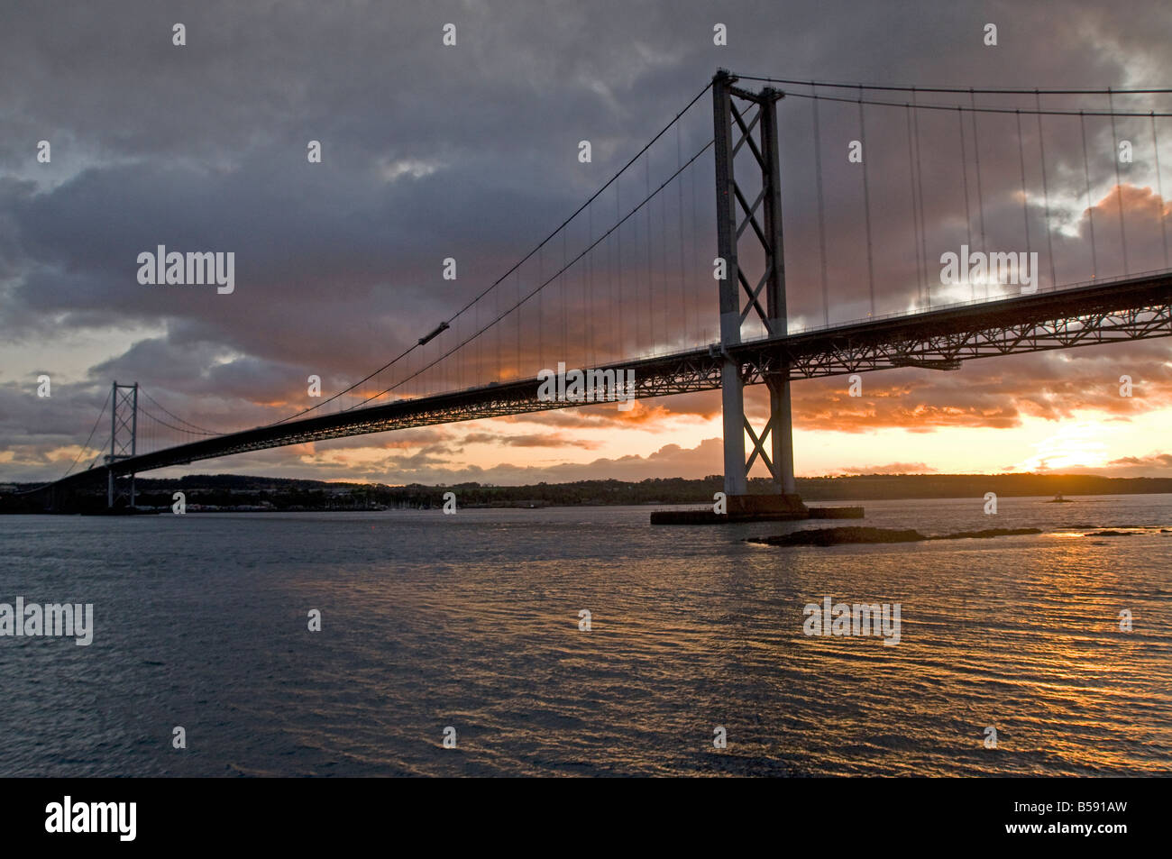 Autumn evening light over the Forth Road Bridge from North Queensferry Fife Region Scotland UK Stock Photo