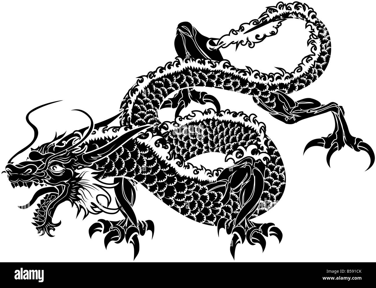 Illustration of black Japanese dragon on white background Stock Photo
