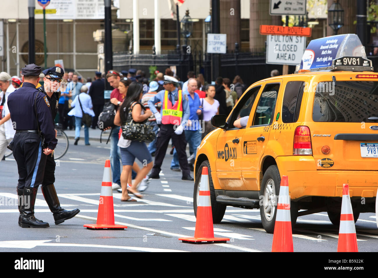 NYPD police conduct a traffic checkpoint near Ground Zero on 9/11. Stock Photo