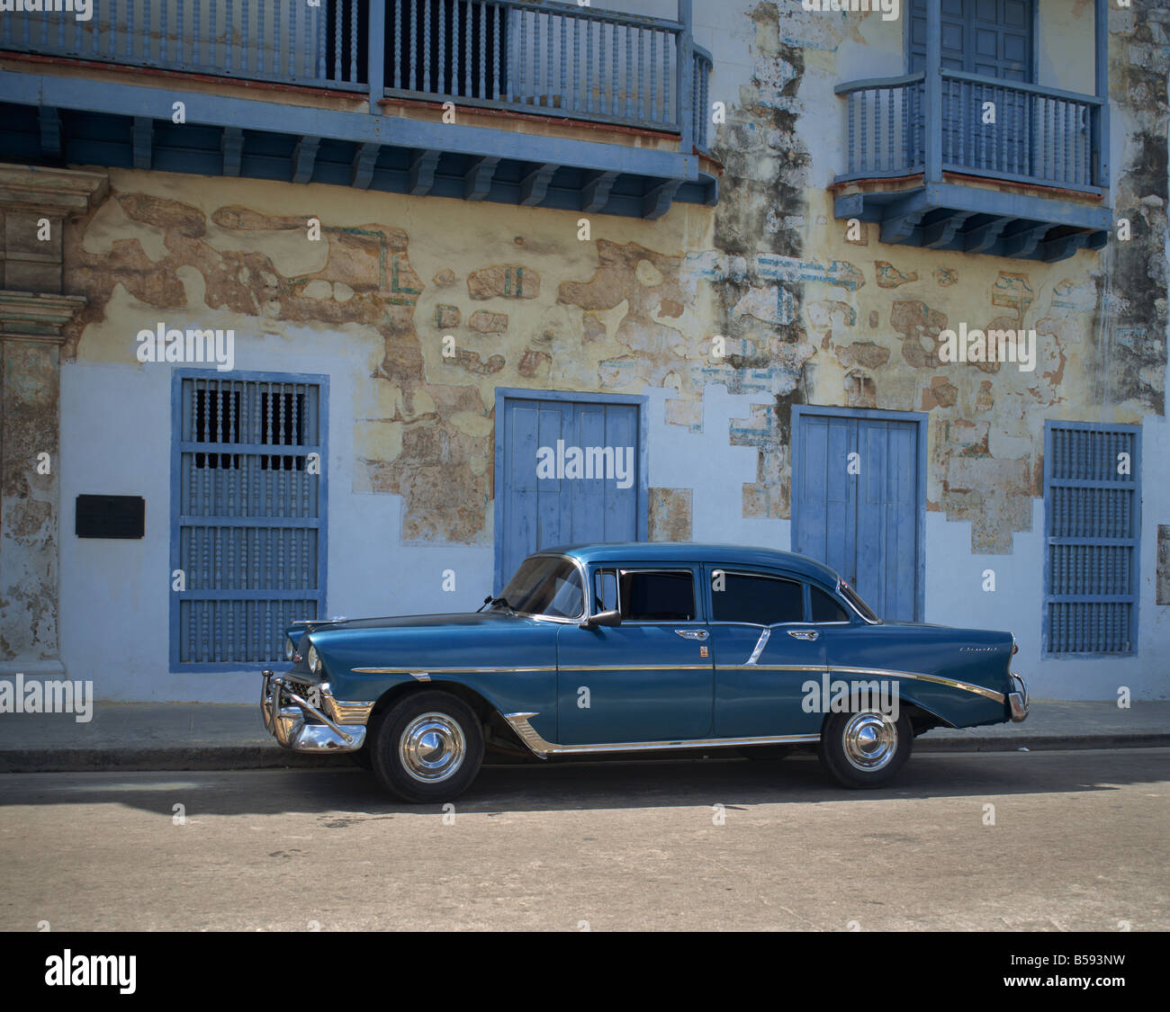 An old blue Chevrolet car parked in a street in Old Havana Cuba West Indies Caribbean Central America Stock Photo