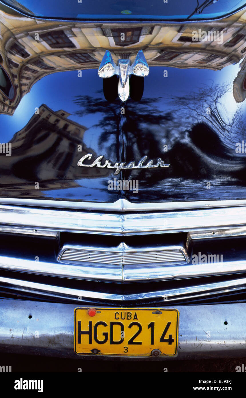 Detail of classic black Chrysler car with reflections in paintwork Havana Cuba West Indies Central America Stock Photo