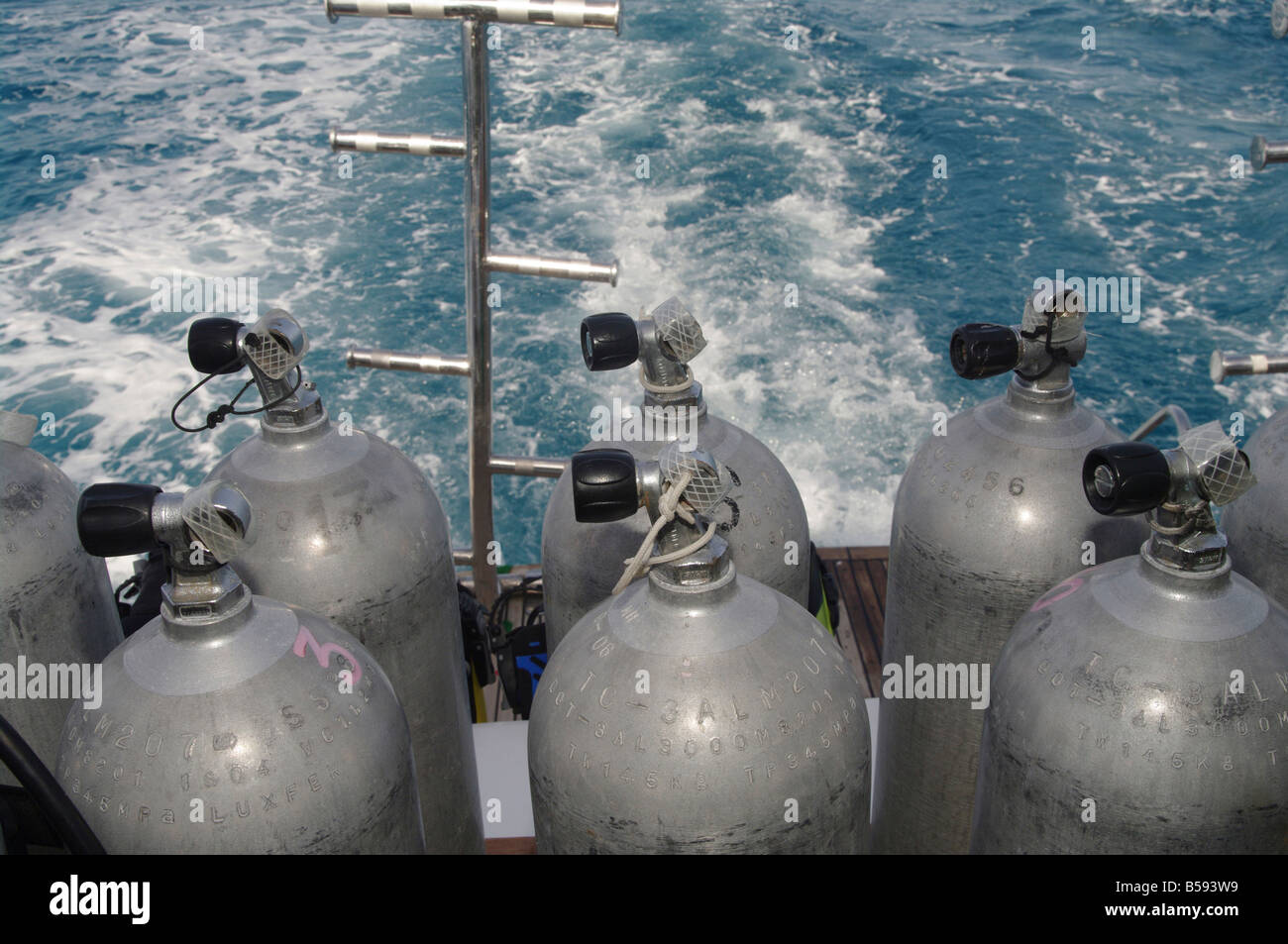 diving cylinders on a yacht Stock Photo Alamy