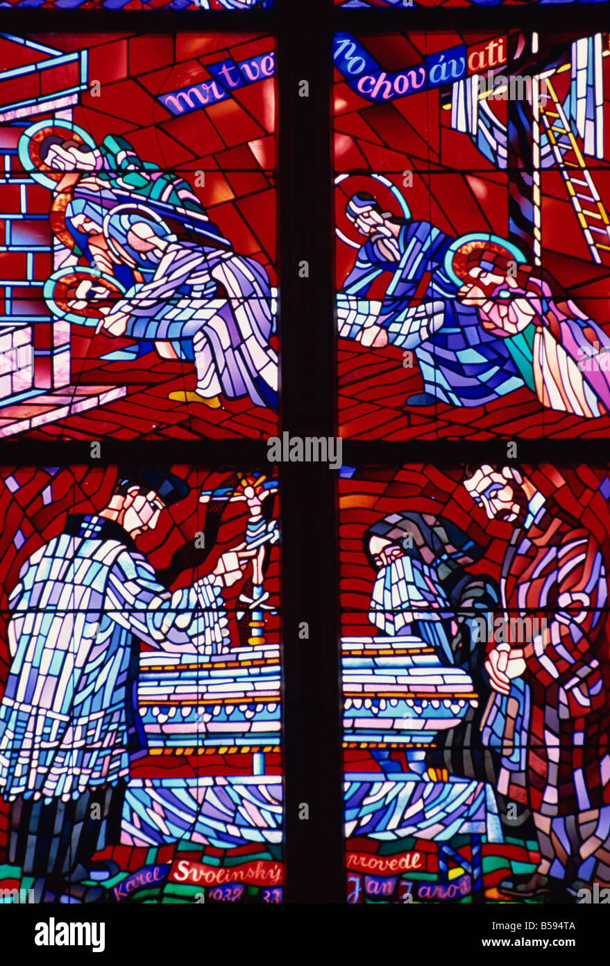 Modern stained glass, St. Vitus cathedral, Prague, Czech Republic, Europe Stock Photo