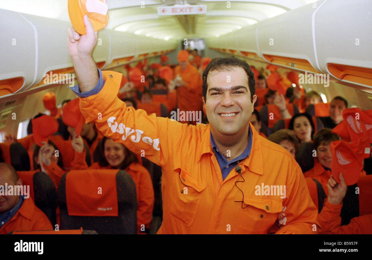 Easyjet Demonstration 1998 with Stelios Haji Ioannou Owner and workers and friends on Easyjet Boeing 737 300 Aircraft arriving in Belgium to demonstrate at the EC European Commission in Brussels to complain about unfair trading practises of British Airways Go Airline Stock Photo