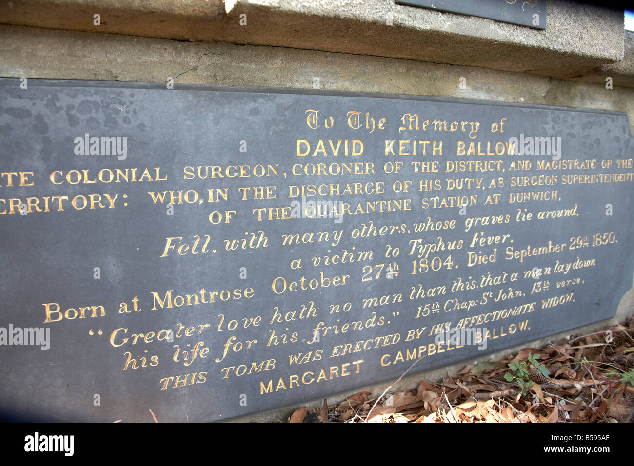 Cemetry graveyard with memorial plaque to Colonial Surgeon David Ballow