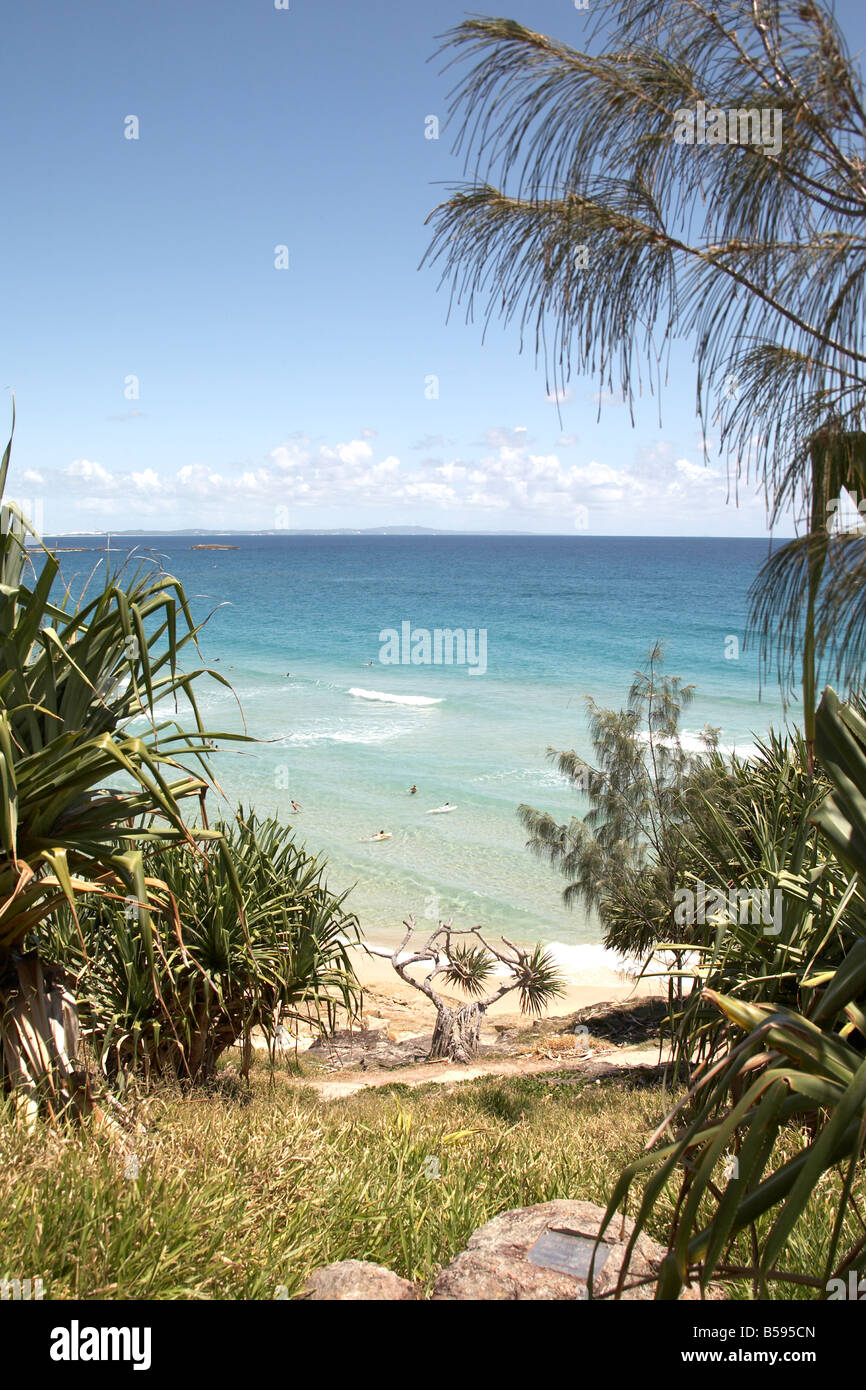 View of beach and sea between trees at Cylinder Headland on North Stradbroke Island Queensland QLD Australia Stock Photo