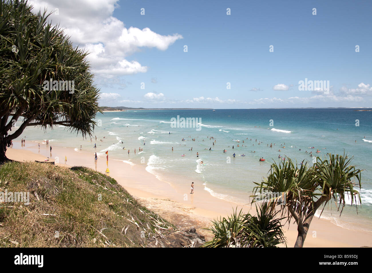 Cylinder beach between trees on a summer day with people swimming in the sea on North Stradbroke Island Queensland QLD Australia Stock Photo
