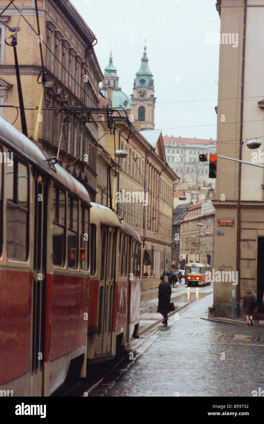 Tram on street in the Little Quarter Prague Czech Republic Europe Stock Photo