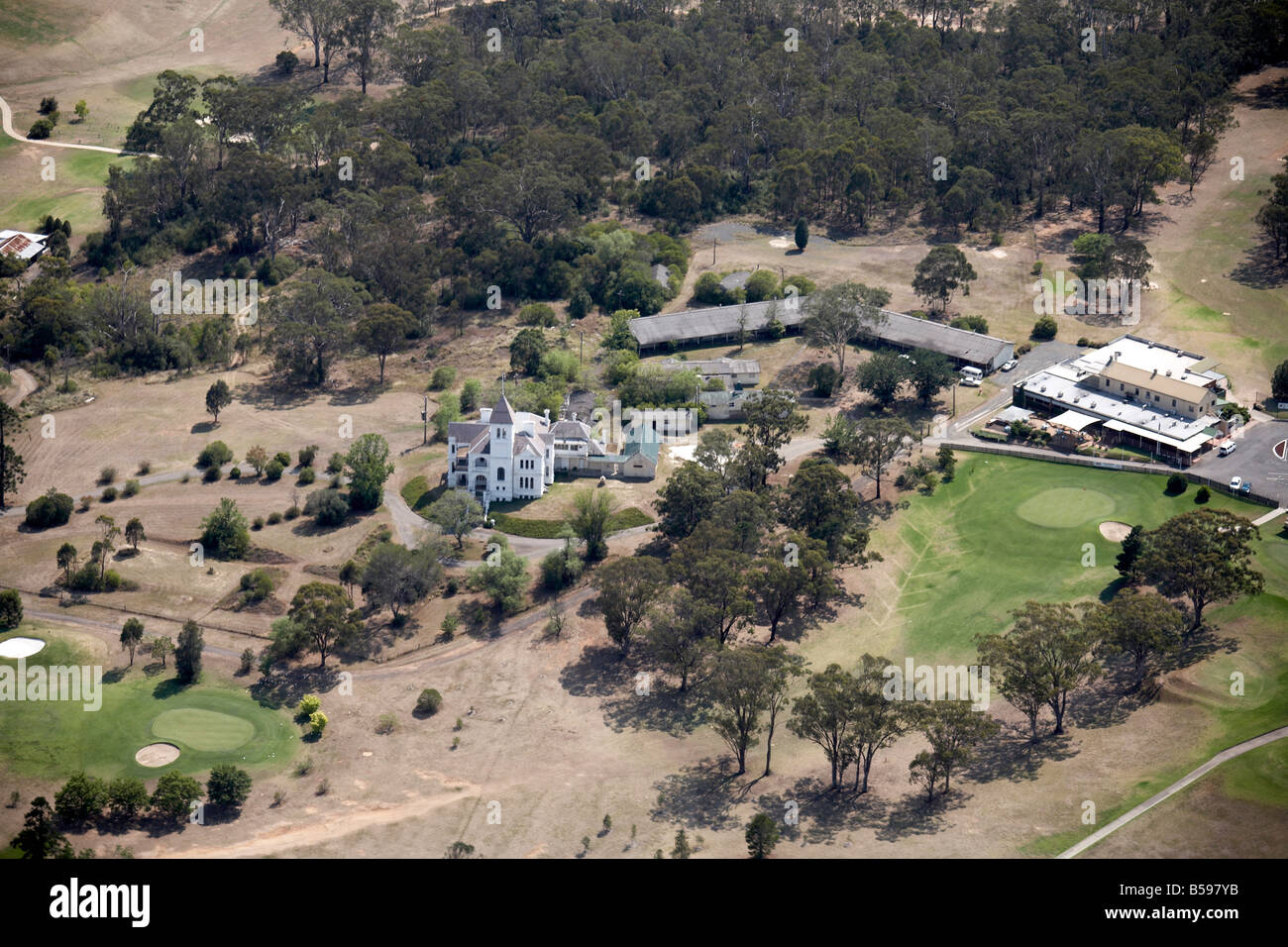 Aerial view north east of country house club house Camden Valley Golf Resort Sydney NSW Australia High level oblique Stock Photo