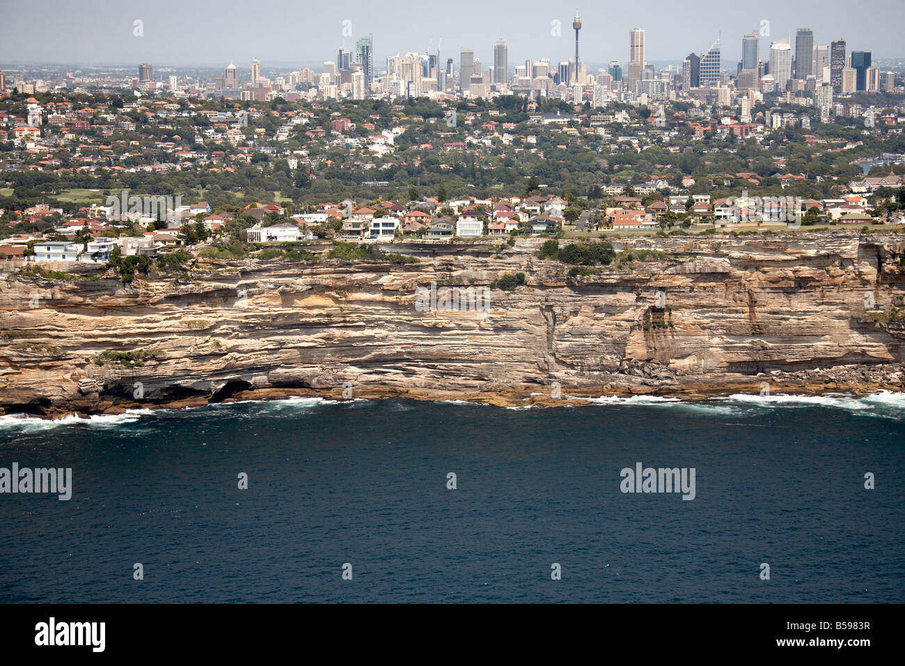 Aerial view west of Dover Heights city skyscrapers in distance Sydney