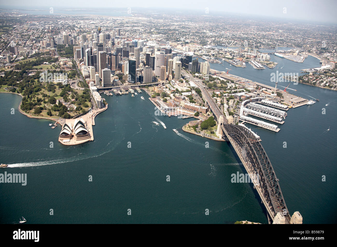 Aerial view south west of Botanic Gardens Opera House Harbour Bridge