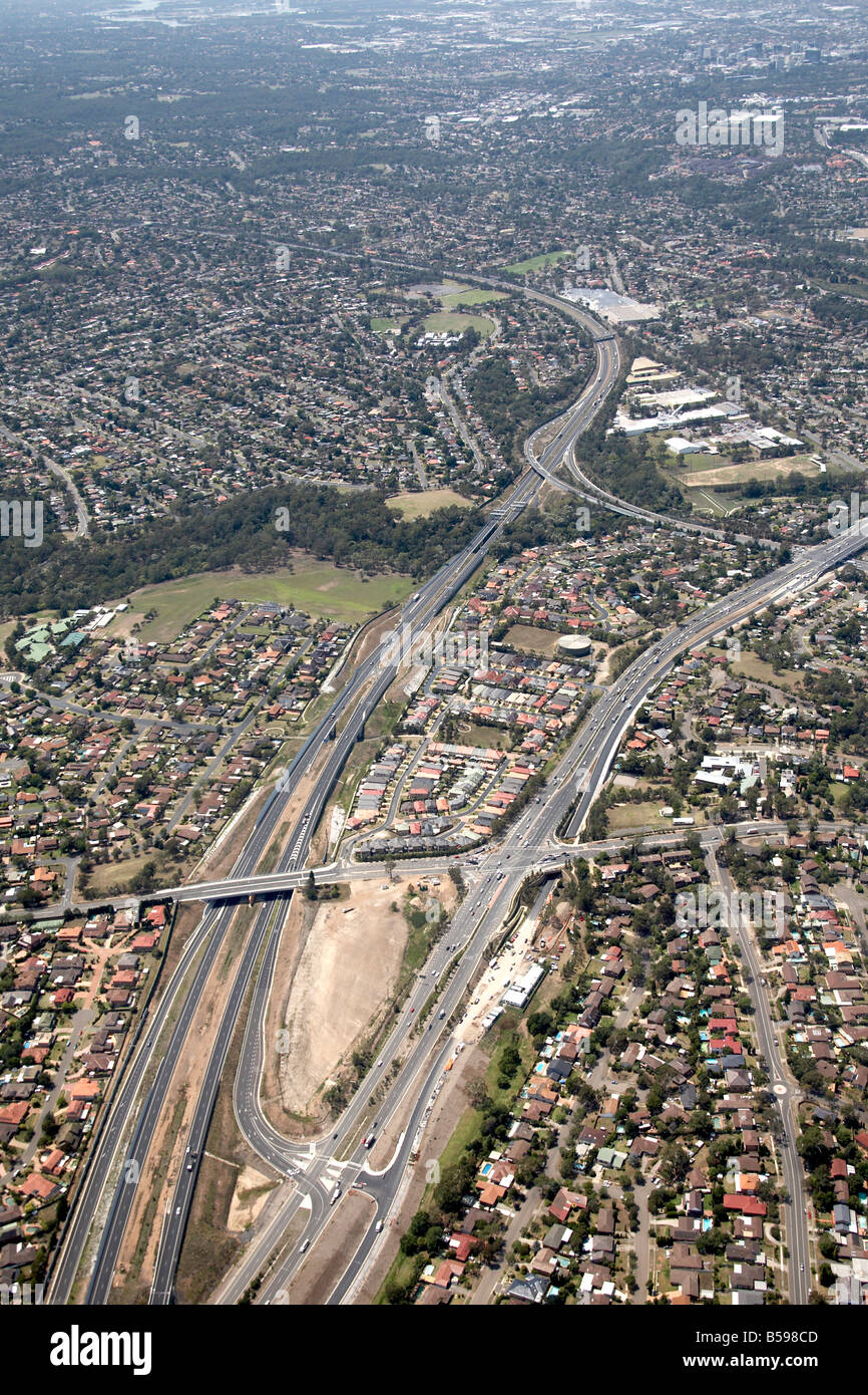 Aerial view south east of Old Windsor Rd M2 Motorway Abbott Rd industrial park suburban houses