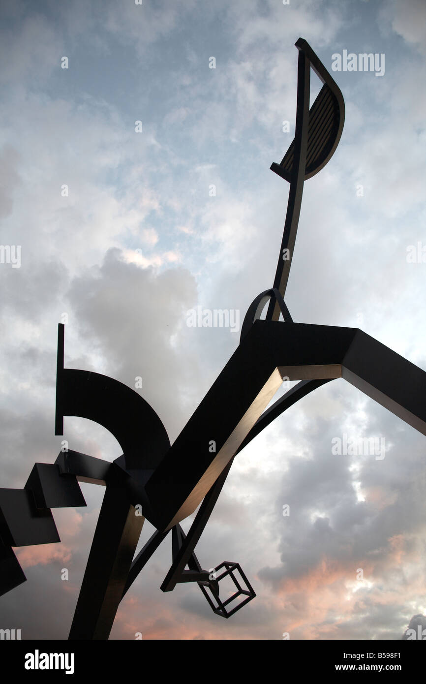 Steel abstract sculpture against evening sky outside Art Gallery in Brisbane Queensland QLD