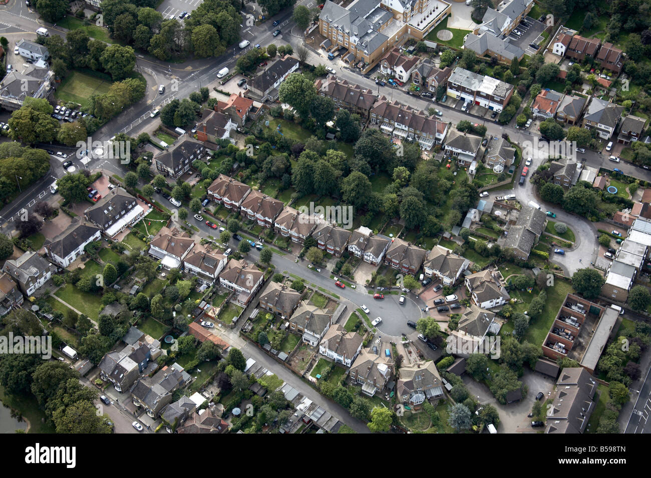 Aerial view south east of suburban houses Devon Close Stag Lane Woodford Green High Road Buckhurst Hill London IG9 England UK Stock Photo