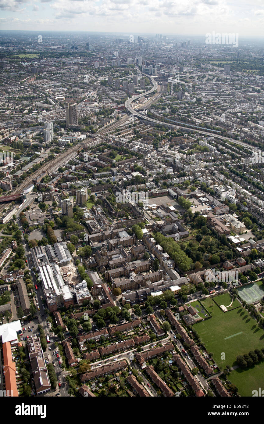 Aerial view south east of A40 M Westway railway line St Charles Hospital sports ground suburban houses North Kensington London Stock Photo