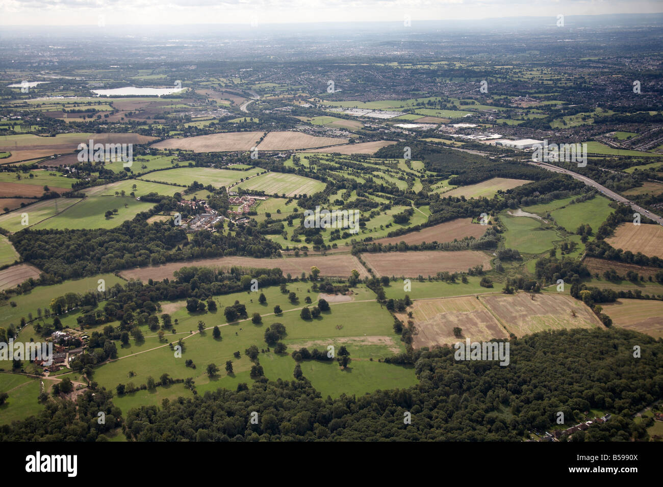 Aerial view south west of M1 Motorway country fields Aldenham Watford Hertsmere Greater London