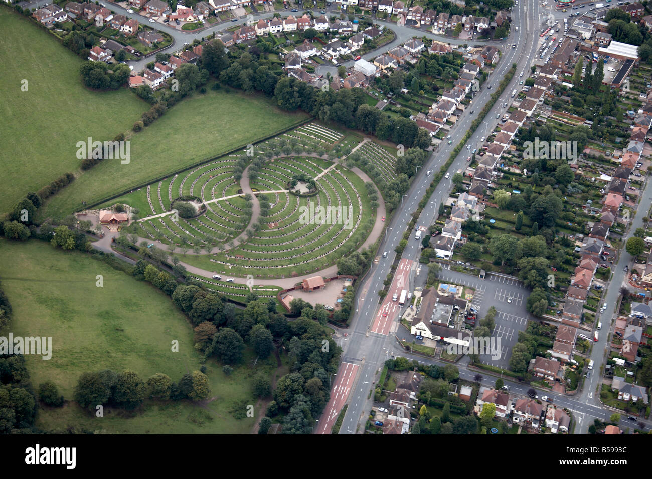 Aerial view south west of suburban houses abstract cemetery gardens Penn Road Vicarage Road Wolverhampton WV4 England U Stock Photo