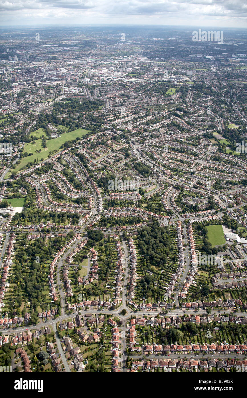 Aerial view east of suburban houses gardens golf course Finchfield Lane