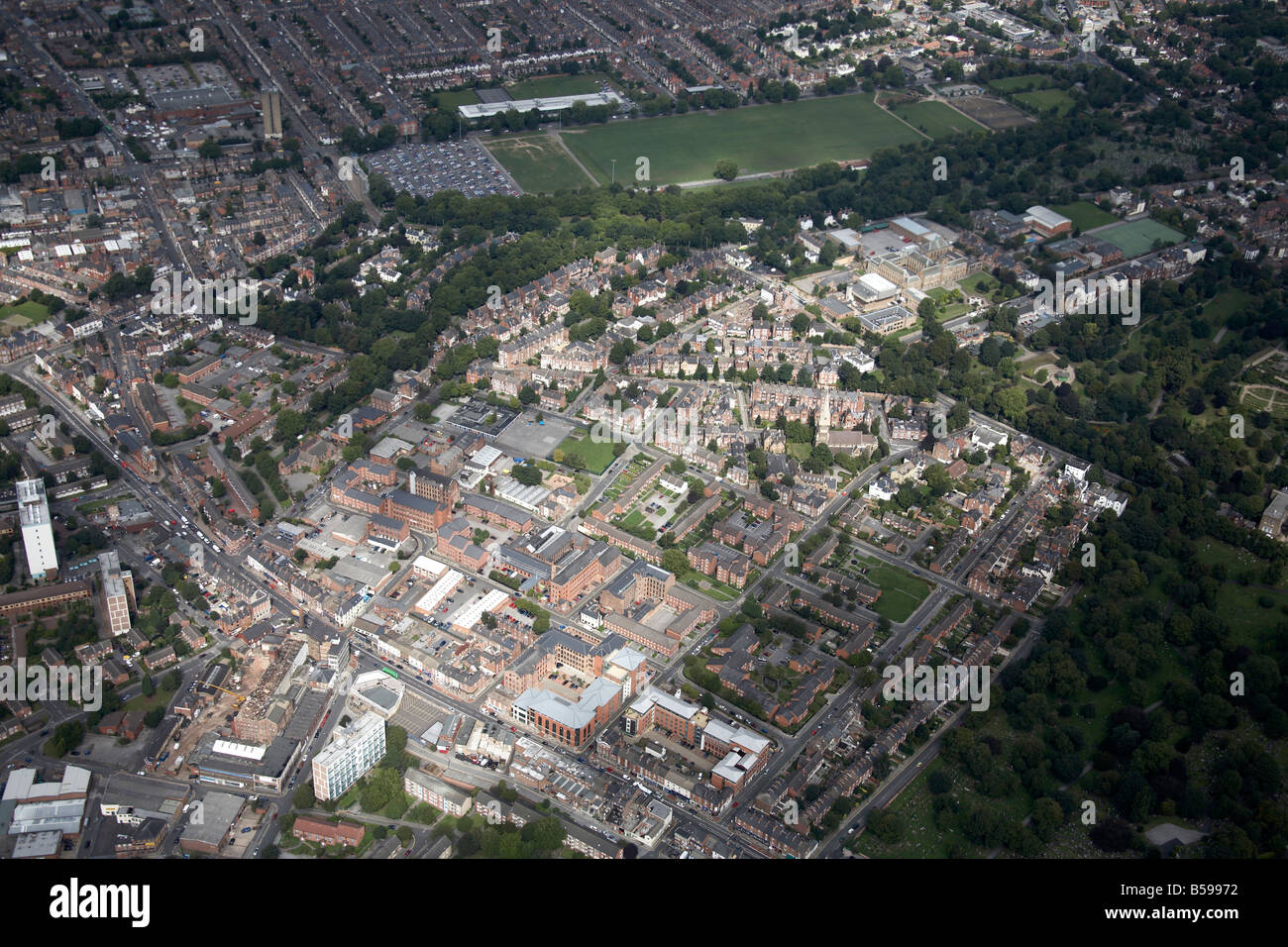 Aerial view north east of Nottingham High School for Boys sports fields Alfreton Road Waverley Street suburban houses tower bloc Stock Photo