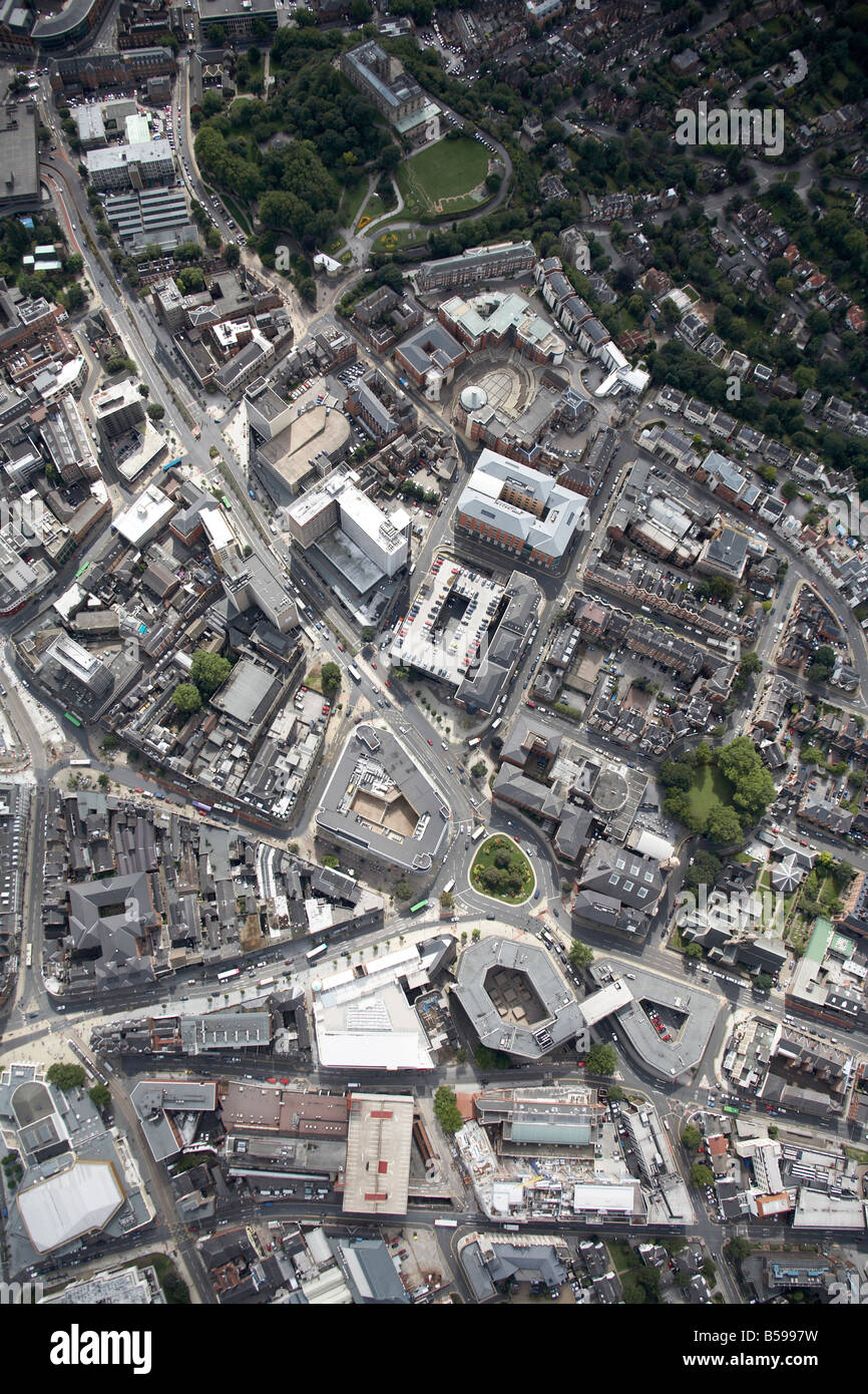 Aerial view south of Notingham City Centre Upper Parliament Street Derby Road Maid Marian Way England NG1 UK High level oblique Stock Photo