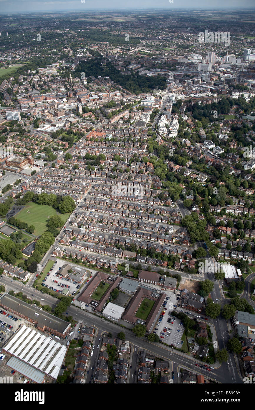 Aerial view north east of suburban houses Lenton Boulevard Iikeston Road parks city centre Nottingham NG1 England UK High level Stock Photo